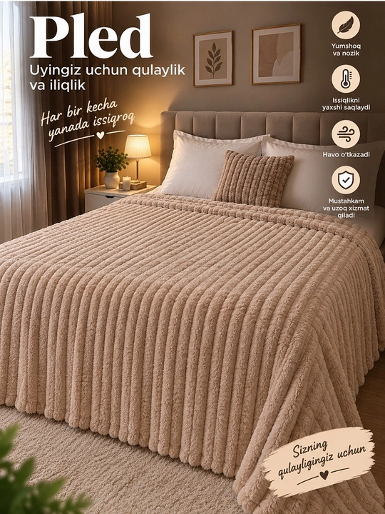 Pled adyol plyush momiq yumshoq, ikki va bir kishilik, chiziqli, krovat va divan uchun