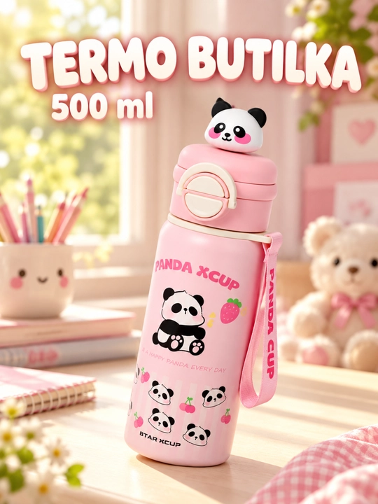 Termos trubochkalik panda dizaynli, tasma bilan, bolalar uchun, 500 ml - 