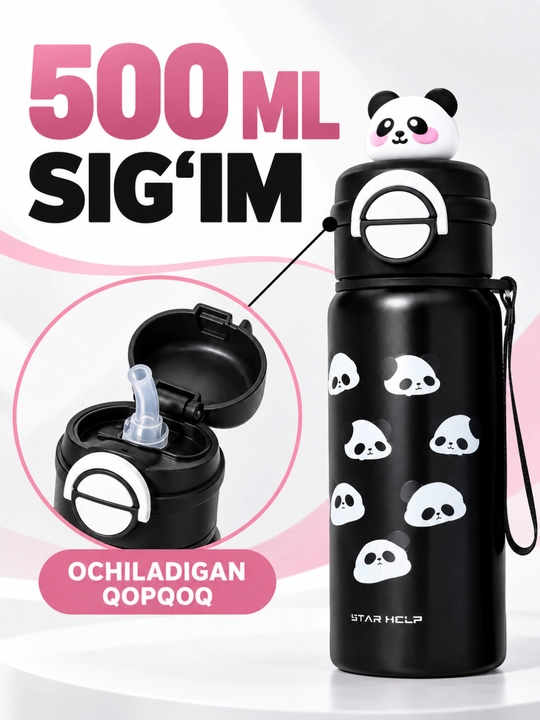 Termos trubochkalik panda dizaynli, tasma bilan, bolalar uchun, 500 ml - 
