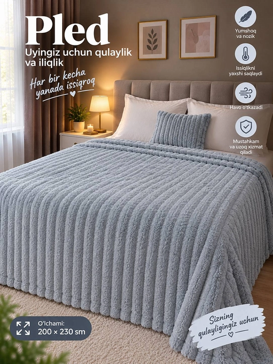 Pled adyol plyush momiq yumshoq, ikki va bir kishilik, chiziqli, krovat va divan uchun