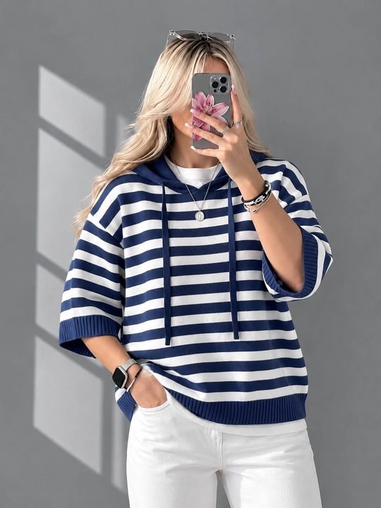 Ayollar chiziqli trikotaj kapyushonli kofta, sviter, sveter - 