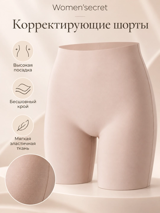 Women’secret ayollar uchun bej rangli korreksiyalovchi shortik, yuqori belli, elastik
