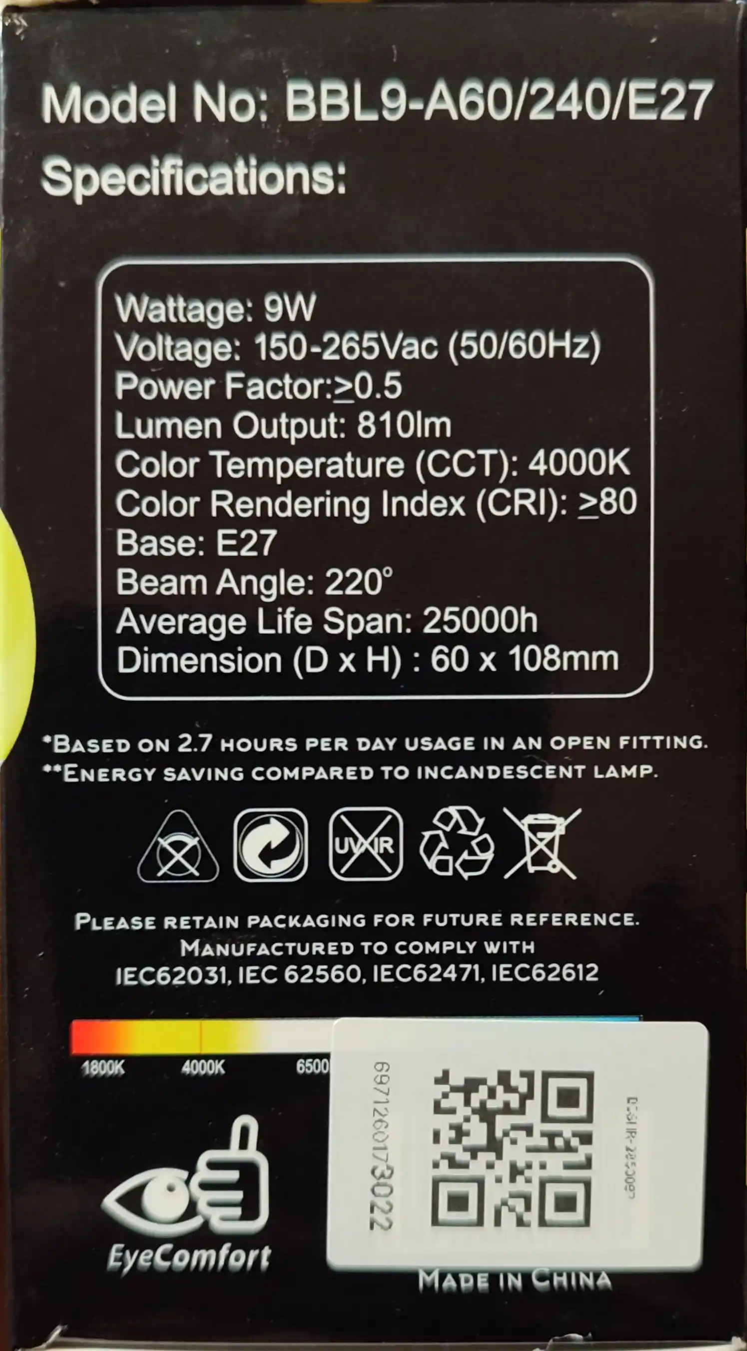 LED lampa, 9 Vt, 4000K, E27, Beshr, energiya tejamkor, diodli lampa