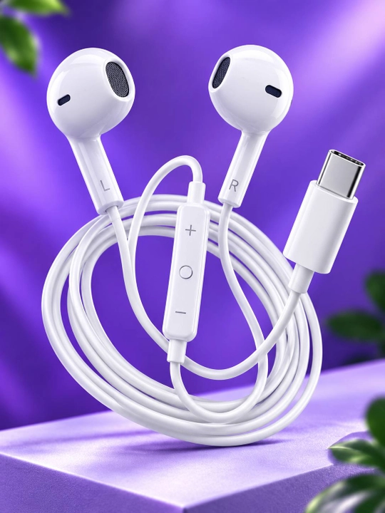 Simli quloqchin Type-C, mikrofonli, tugmali, telefon uchun stereo naushnik, oq rang - 