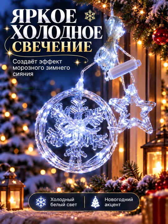 Новогодняя светодиодная гирлянда Звезда и снежинки, LED, холодный белый свет