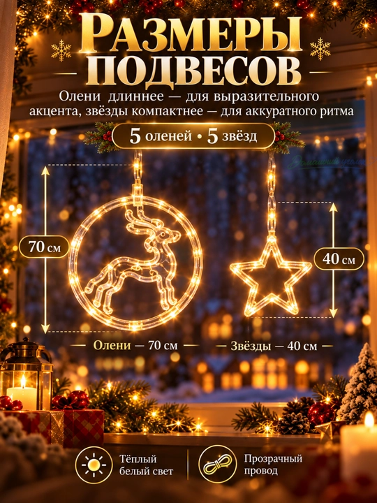 Новогодняя светодиодная гирлянда Звезда и снежинки, LED, холодный белый свет