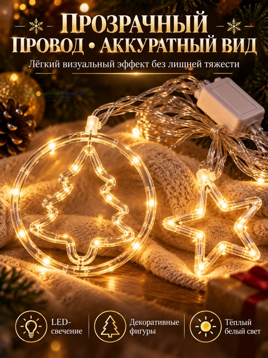 Новогодняя светодиодная гирлянда Звезда и снежинки, LED, холодный белый свет