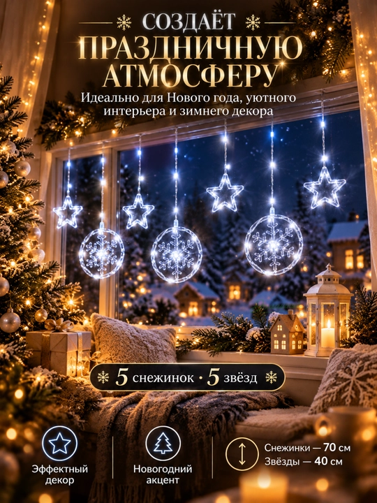 Новогодняя светодиодная гирлянда Звезда и снежинки, LED, холодный белый свет