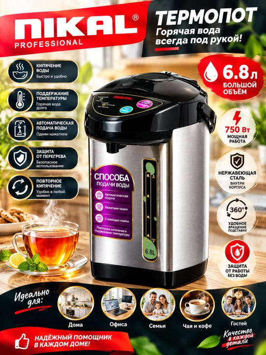 NIKAL NK-68 Termopot 6,8 litr, 750 Vt, suvni qaynatish va issiq saqlash uchun