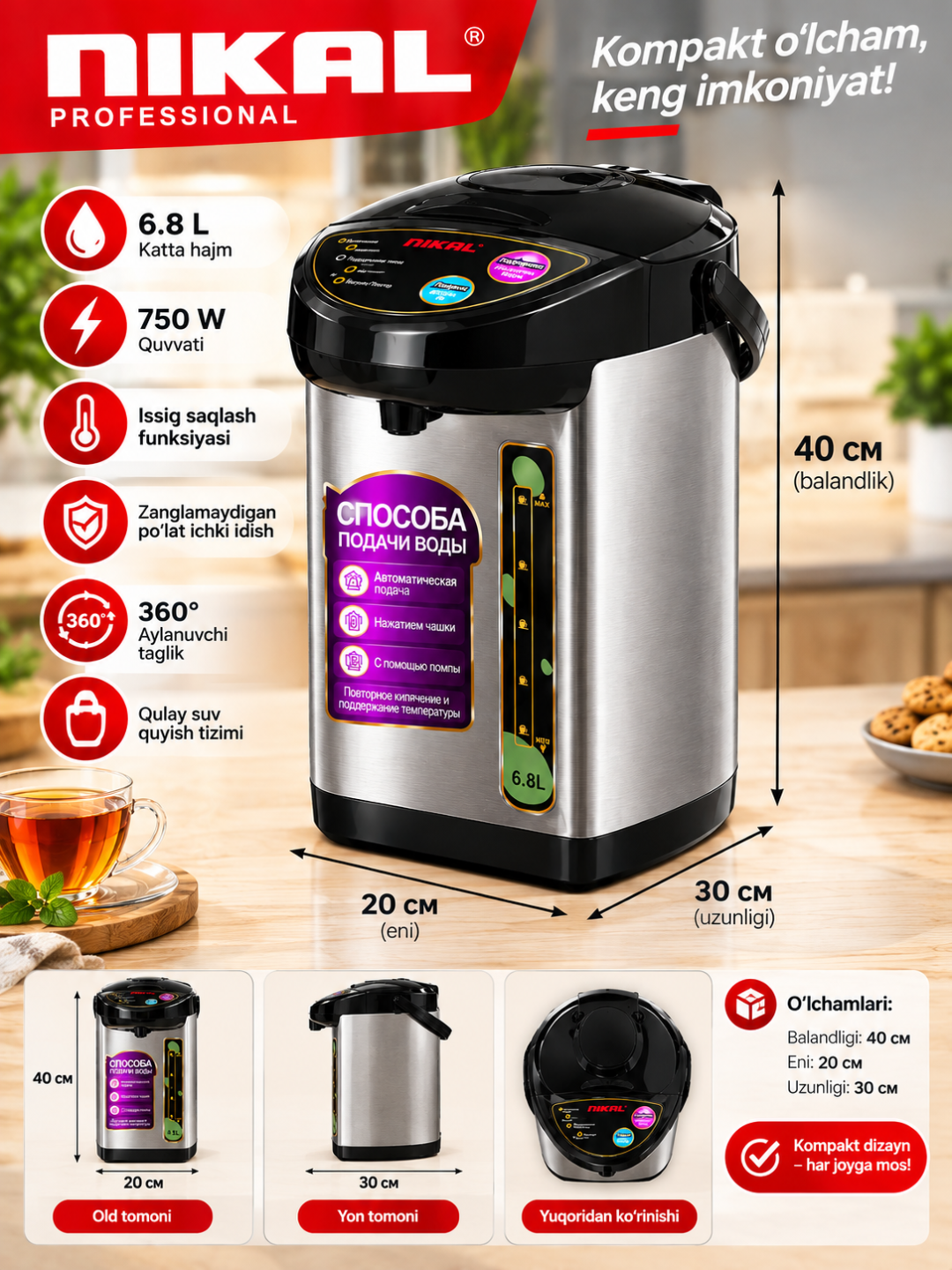 NIKAL NK-68 Termopot 6,8 litr, 750 Vt, suvni qaynatish va issiq saqlash uchun