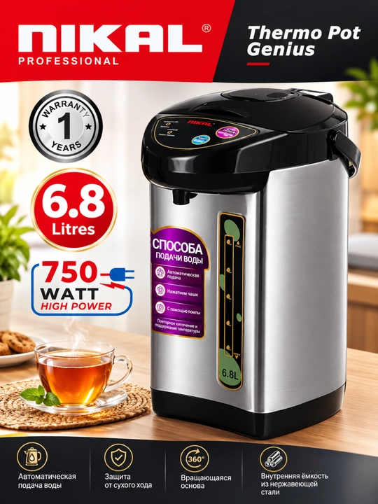 NIKAL NK-68 Termopot 6,8 litr, 750 Vt, suvni qaynatish va issiq saqlash uchun - 