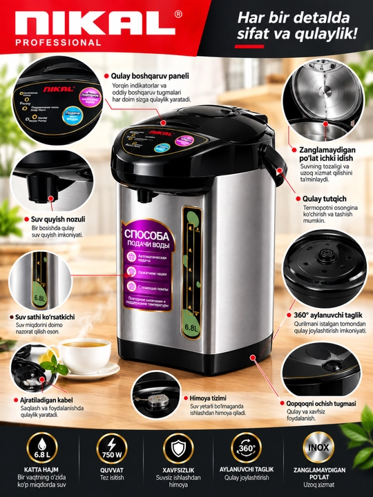 NIKAL NK-68 Termopot 6,8 litr, 750 Vt, suvni qaynatish va issiq saqlash uchun