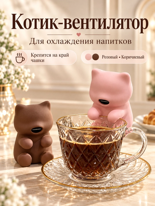 Мини-вентилятор «Котик» для охлаждения напитков с креплением на чашку - 
