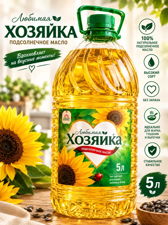 Подсолнечное масло Хозяйка, высший сорт, рафинированное масло 5 литр, 3 литр - 