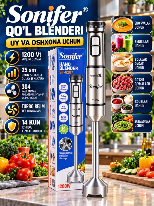 Sonifer SF-8207 botma blenderi 1200 Vt 304 Turbo po‘latdan yasalgan pichoqlar
