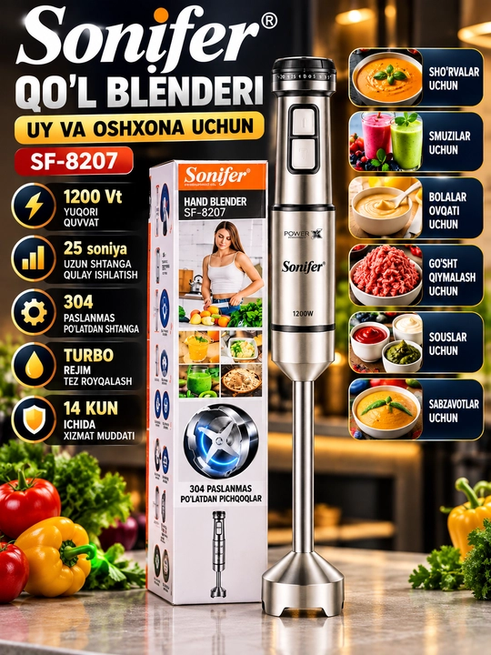 Sonifer SF-8207 botma blenderi 1200 Vt 304 Turbo po‘latdan yasalgan pichoqlar