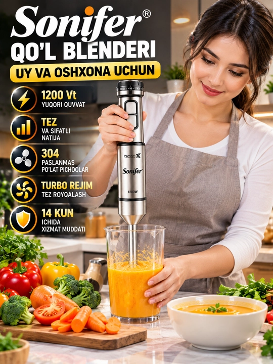 Sonifer SF-8207 botma blenderi 1200 Vt 304 Turbo po‘latdan yasalgan pichoqlar