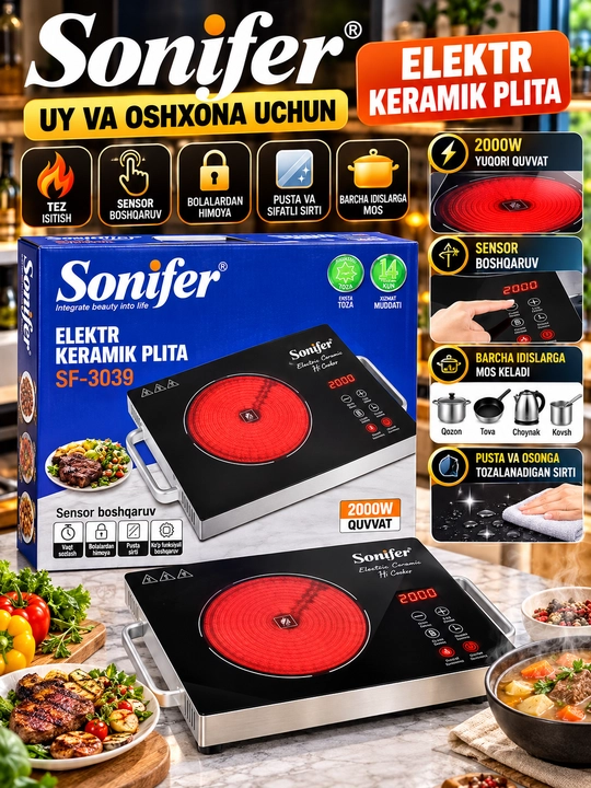 Sonifer SF-3039 elektr keramik plita 2000 Vt sensor boshqaruv tez isitish