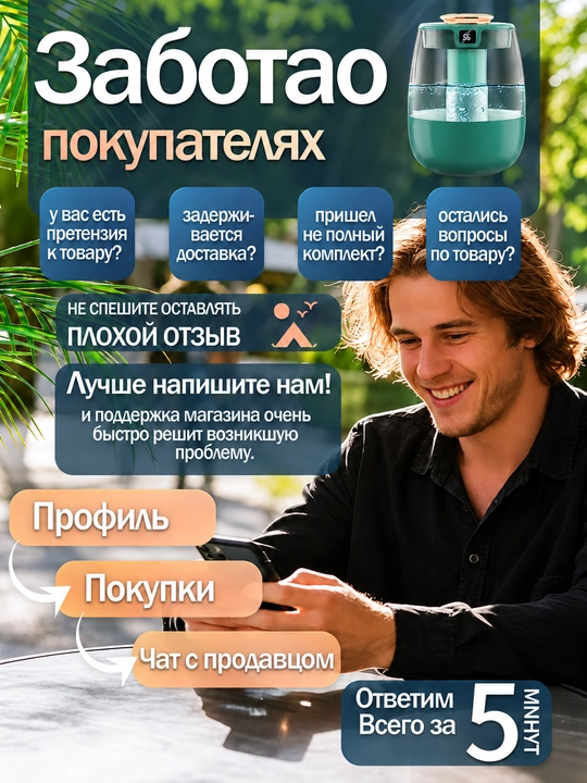 Увлажнитель воздуха 1,5 л, двойное распыление, дисплей влажности, ночник, 3 режима