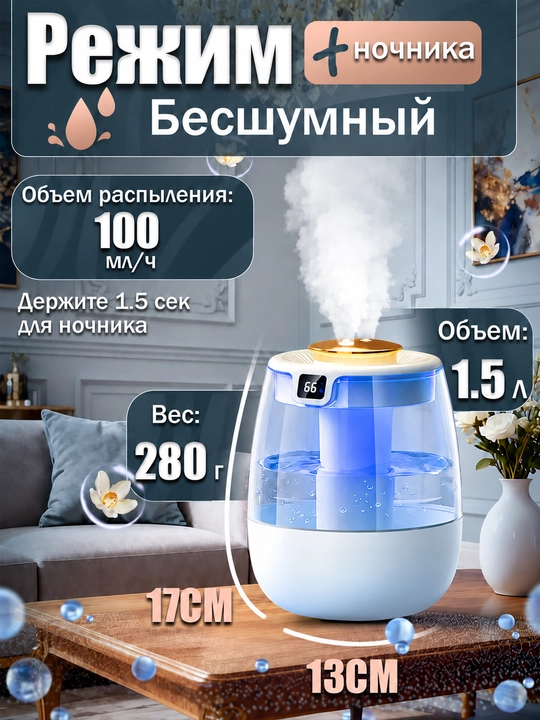 Увлажнитель воздуха 1,5 л, двойное распыление, дисплей влажности, ночник, 3 режима