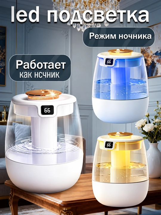 Увлажнитель воздуха 1,5 л, двойное распыление, дисплей влажности, ночник, 3 режима