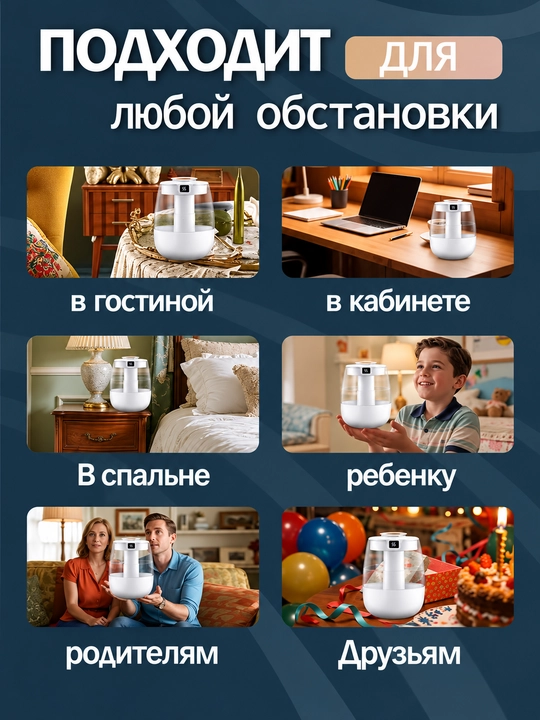 Увлажнитель воздуха 1,5 л, двойное распыление, дисплей влажности, ночник, 3 режима