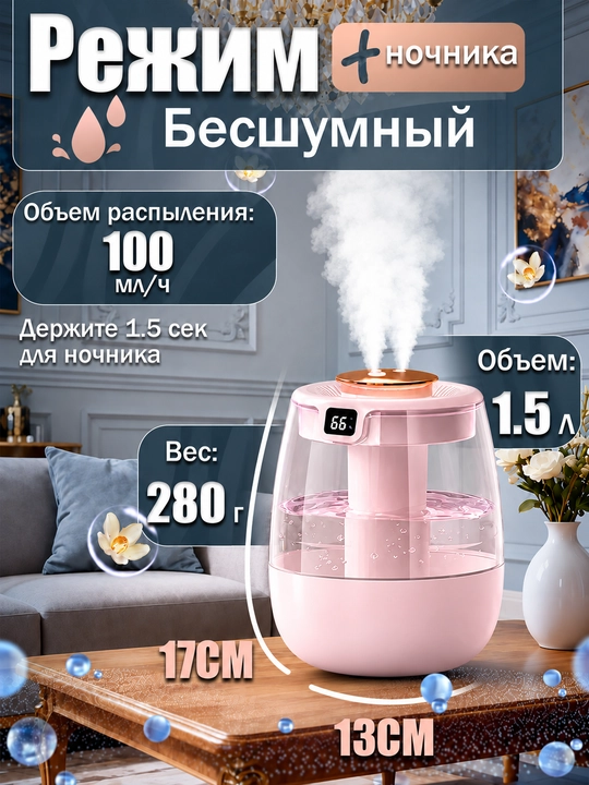 Havo namlagichi 1,5 l, ikki purkagichli, raqamli namlik displeyi, tungi chiroq, 3 rejim