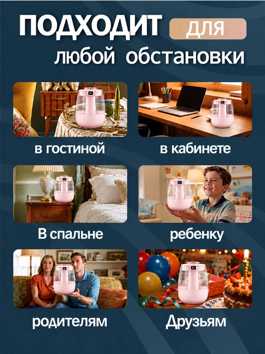 Havo namlagichi 1,5 l, ikki purkagichli, raqamli namlik displeyi, tungi chiroq, 3 rejim