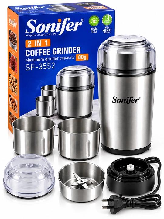 Sonifer SF-3552 2 in 1 Qahva Maydalagich 200W 80g Zanglamas Po‘lat