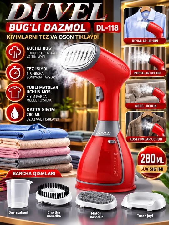 DUVEL DL-118 Qo‘l Bug‘li Dazmol 280 ml Kiyim Pardalar Kostyumlar Uchun - 