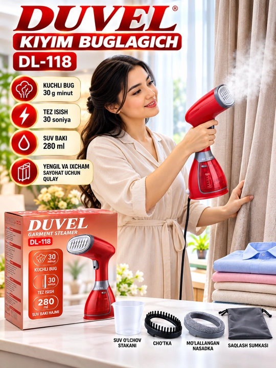 DUVEL DL-118 Qo‘l Bug‘li Dazmol 280 ml Kiyim Pardalar Kostyumlar Uchun