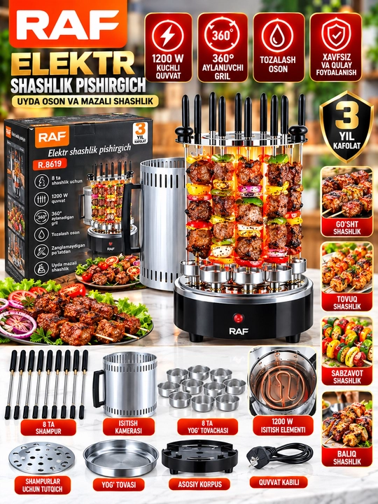RAF R8619 Elektr Shashlik Pishirgich 1200W 8 Shampur 360° Aylanuvchi Grill