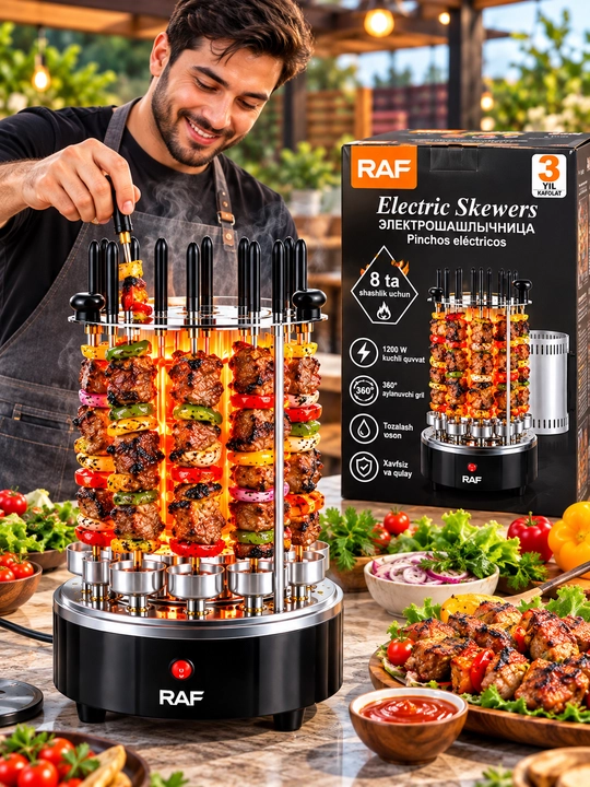 RAF R8619 Elektr Shashlik Pishirgich 1200W 8 Shampur 360° Aylanuvchi Grill