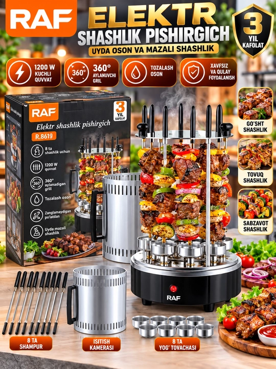 RAF R8619 Elektr Shashlik Pishirgich 1200W 8 Shampur 360° Aylanuvchi Grill - 