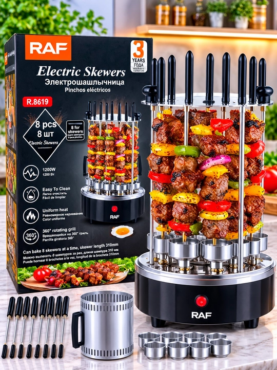 RAF R8619 Elektr Shashlik Pishirgich 1200W 8 Shampur 360° Aylanuvchi Grill