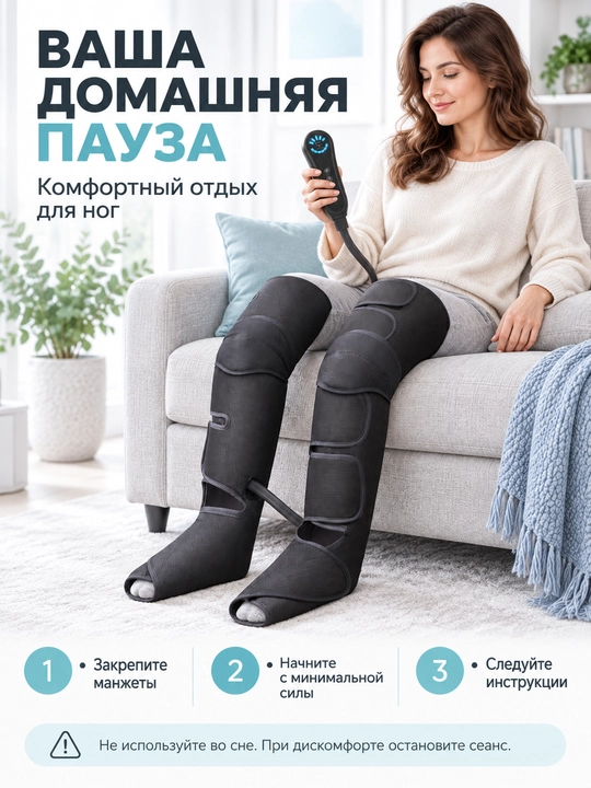 Компрессионный массажёр для ног с прогревом, пультом, 3 программами и 5 уровнями силы