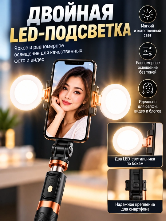 Ikki tomonlama LED yoritgichli selfi-tayoqcha