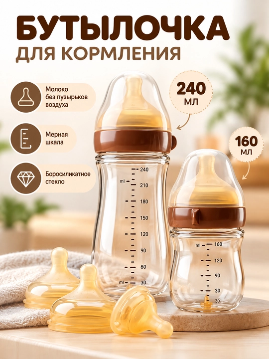 Бутылочка для кормления детская стеклянная, антиколик - 