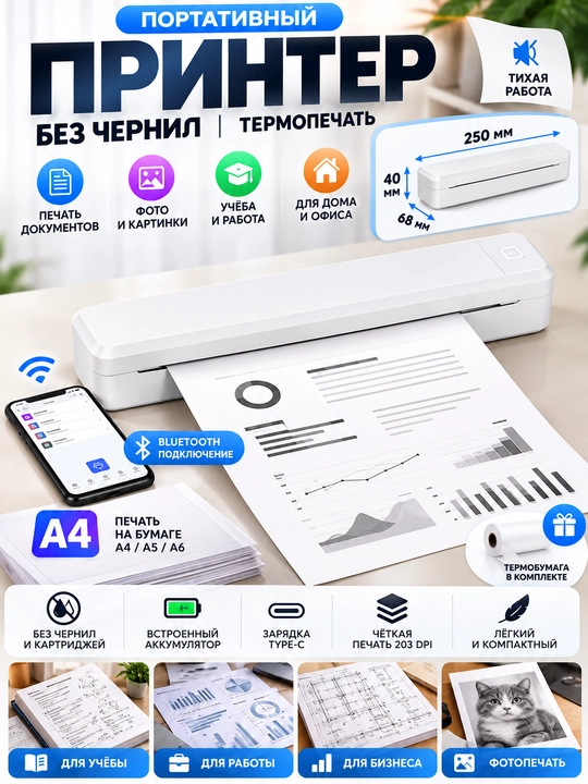 Portativ A4 termoprinter hujjat va chizmalarni tezkor siyohsiz hamda sifatli chop etadi