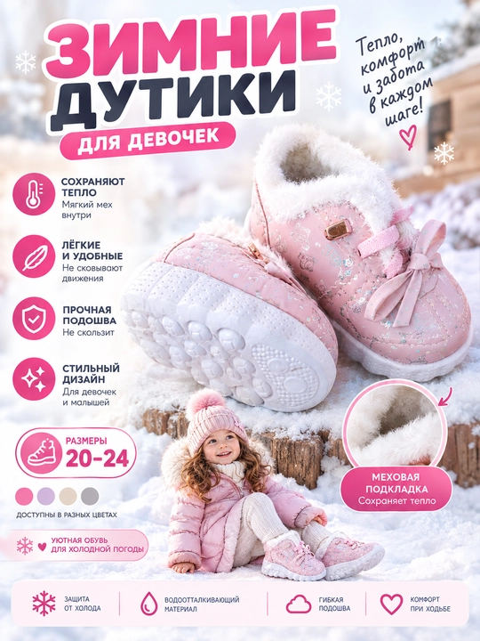 Зимние ботиночки для девочек, тёплые, с меховой подкладкой на эластичной шнуровке розовые - 