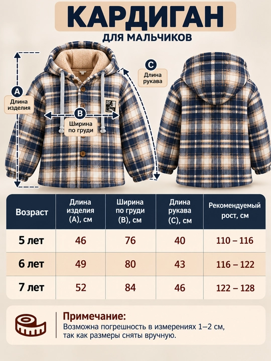 Тёплый детский кардиган с капюшоном, в клетку, размеры: 5, 6, 7 лет