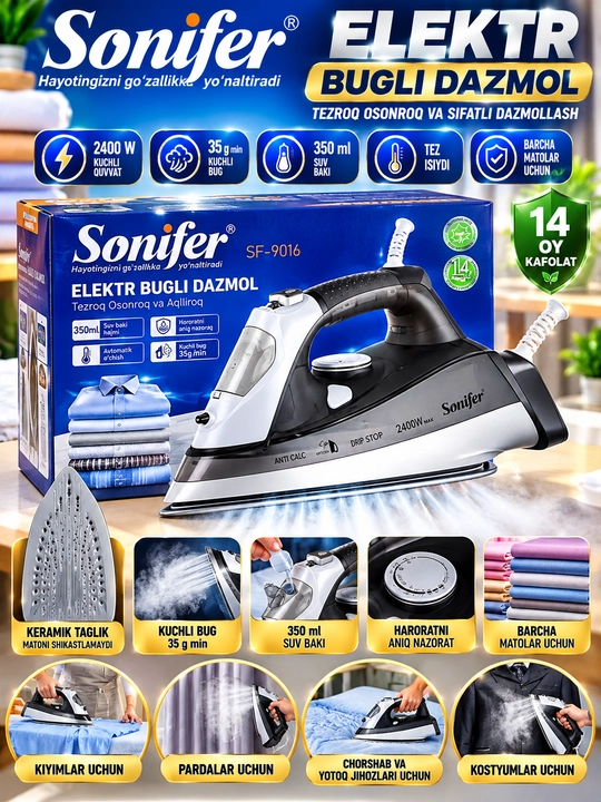 Sonifer SF-9016 Elektr Bug‘li Dazmol 2400W 350 ml Kuchli Bug‘ Keramik Taglik