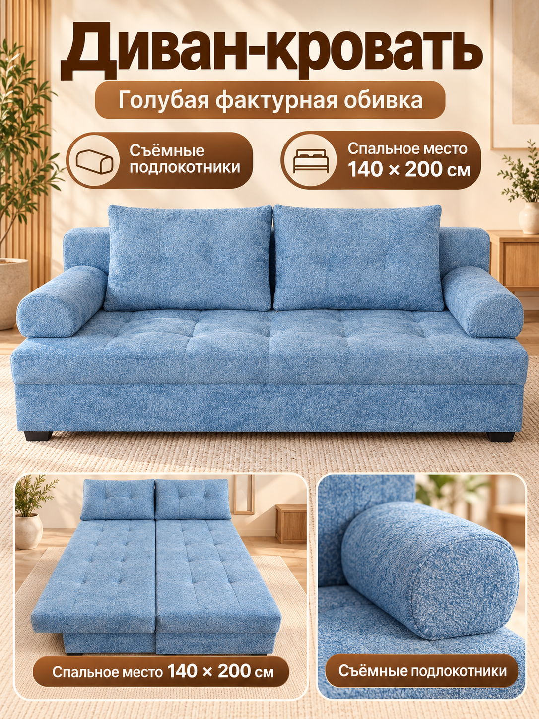 Диван-кровать раскладной, спальное место 140×200 см, со съёмными подлокотниками, 2 подушки