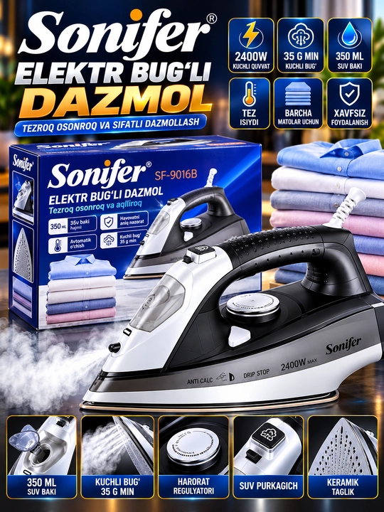 Sonifer sf-9016b elektr bug‘li dazmol 2400w 350 ml kuchli bug‘ keramik taglik - 