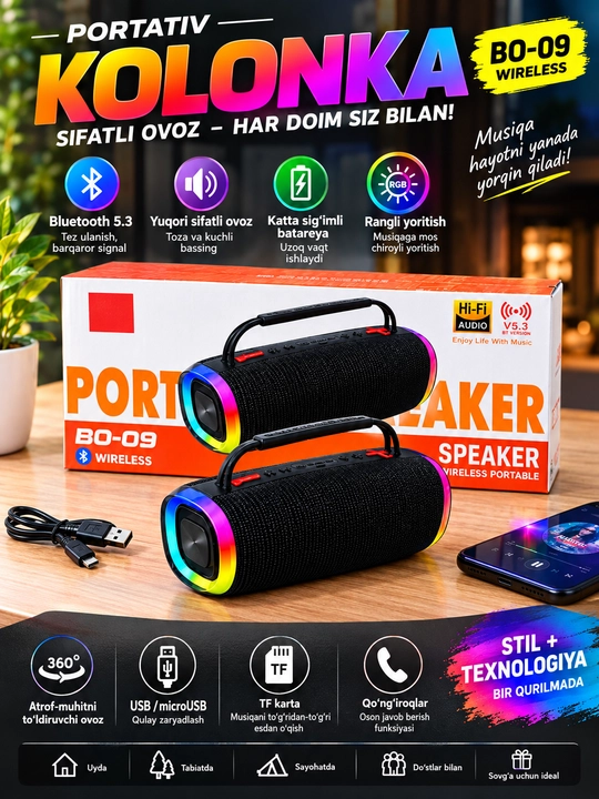 Портативная Bluetooth-колонка BO-09 с RGB-подсветкой, беспроводная акустика - 
