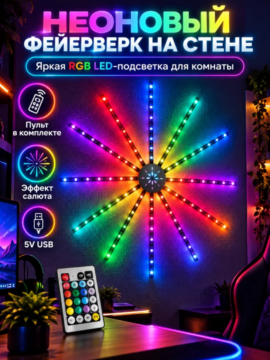Умная светодиодная гирлянда «Фейерверк»,RGB,10лучей, управление с телефона и пульта,USB 5В - 