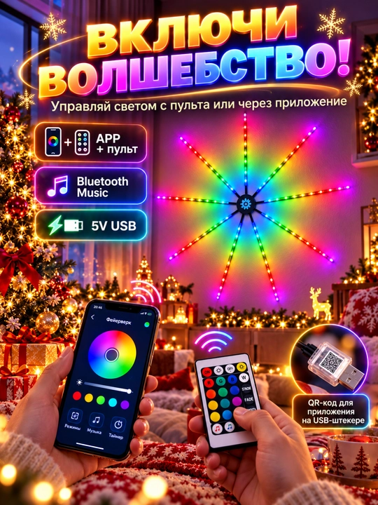 Aqlli LED Feyerverk RGB chiroq, 10 nurli, pult  orqali boshqariladigan, USB 5V