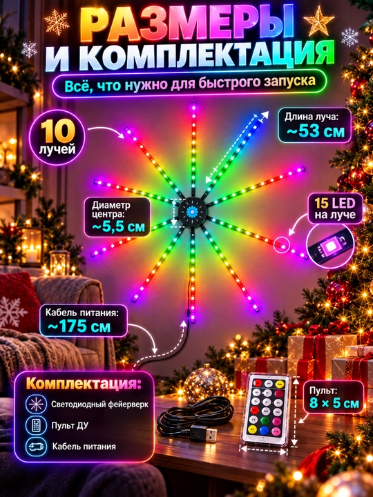 Aqlli LED Feyerverk RGB chiroq,10 nurli, pult orqali boshqariladigan,USB 5V