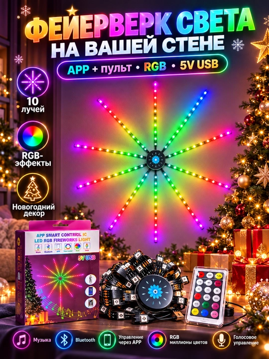 Aqlli LED Feyerverk RGB chiroq,10 nurli, pult orqali boshqariladigan,USB 5V