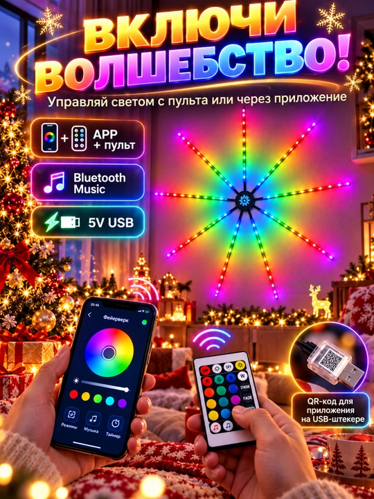 Aqlli LED Feyerverk RGB chiroq, 10 nurli, pultorqali boshqariladigan, USB 5V